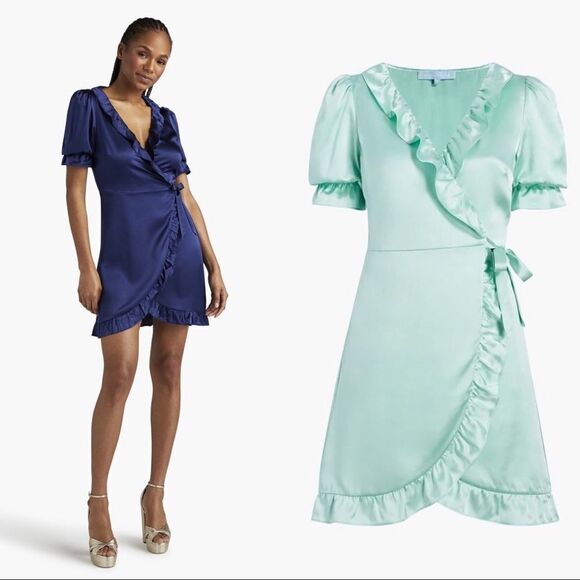 Hill House the Nima Silk Wrap Mini Dress in Mint size L - Picture 2 of 12